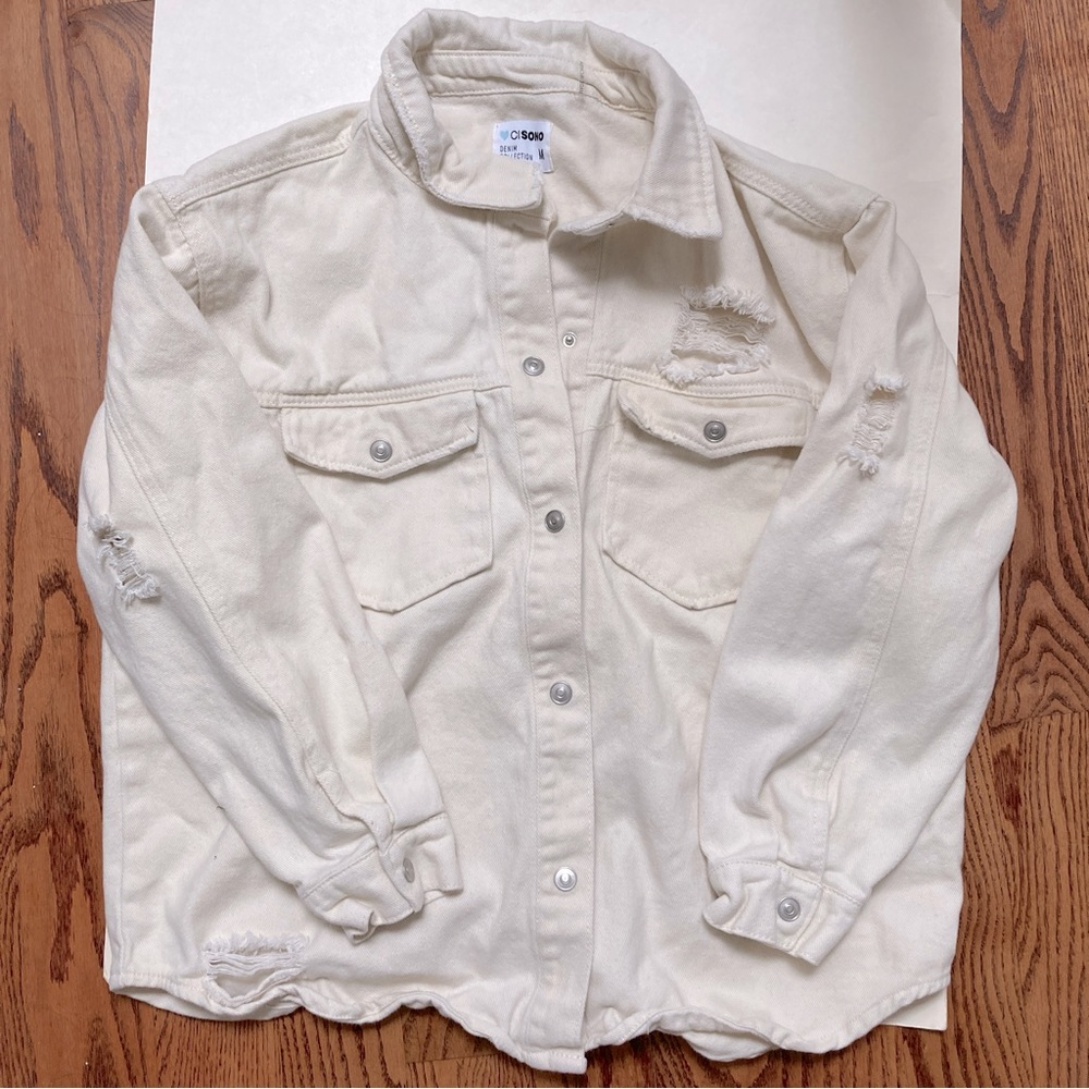 Off-white eggshell white denim jacket snap buttons few fashioned torn sections